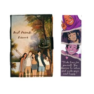 best friend printed handmade vintage leather journal diary with antique lock clasp & aesthetic designer bookmarks, premium vintage notebook diary for journaling gift for anyone 17.78x12.7cm